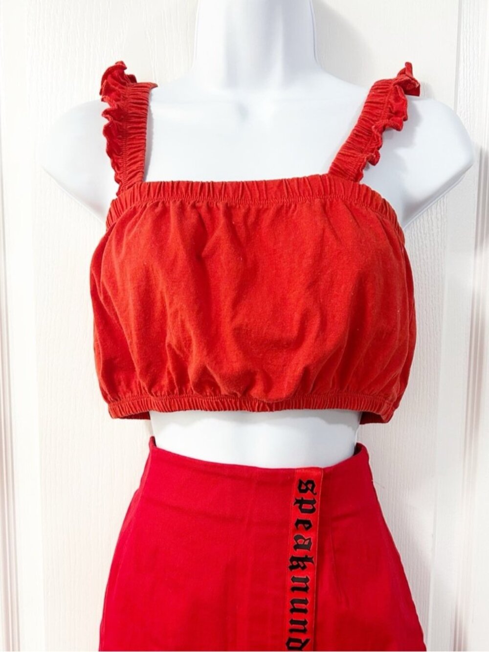 Women’s Red Ruffle Strap Crop Top Medium Festival Fairy Whimsigoth Drk Romance